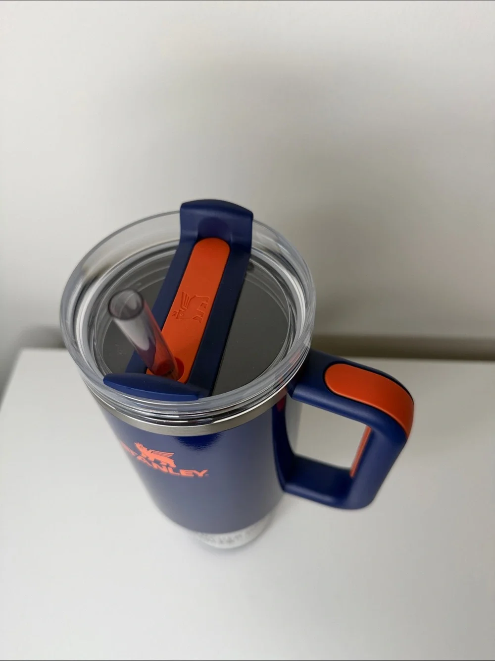 Stanley Blue Travel Mug with Orange Logo and Handle Accent 40oz - Picture 3 of 3